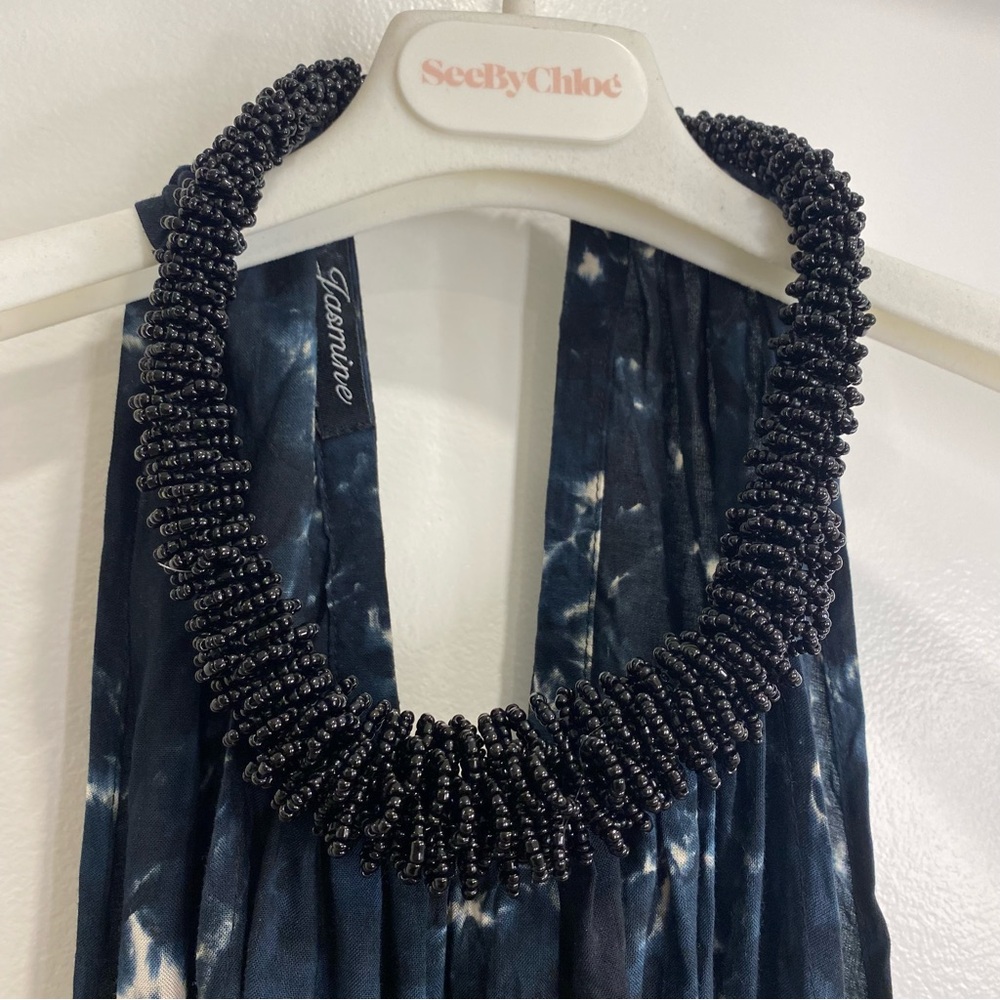 tie-dye dress with beaded necklace neckline